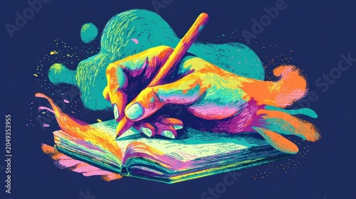 Brightly colored hand diligently records thoughts upon an open book with a writing implement