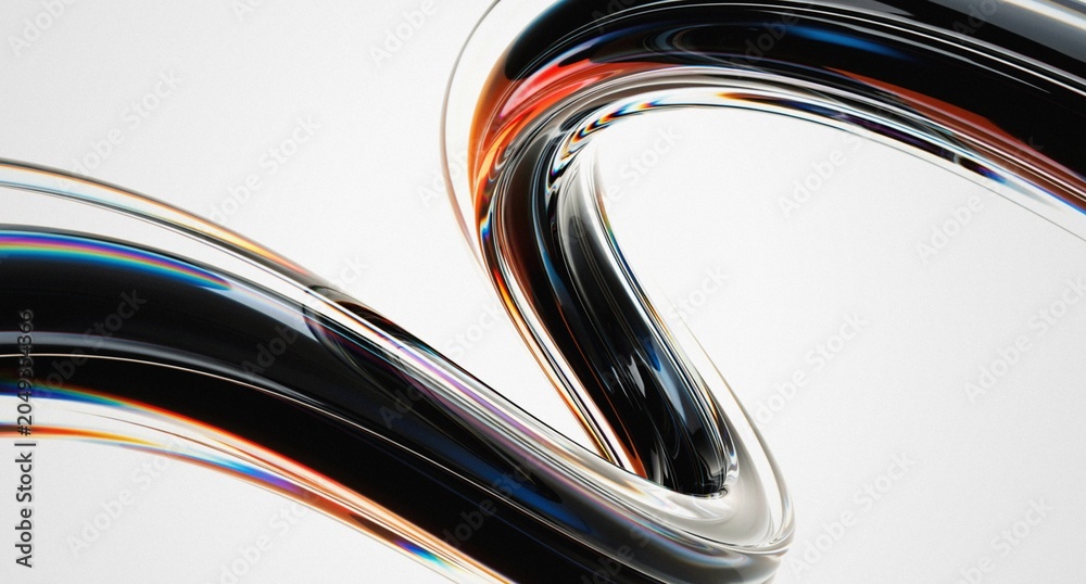 3d iridescent liquid glass ribbon wave line with neon rainbow light texture on abstract black background. 3D illustration.Holographic gradient water flow with speed motion effect. Digital tech banner.