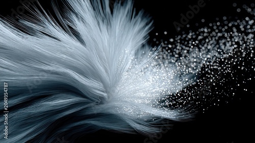 Fine luminous filaments disperse into numerous shimmering particles against a dark background