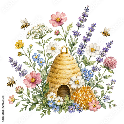 bouquet of flowers and honeycomb bee
