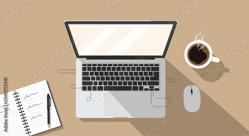 A laptop, coffee cup, mouse, and notebook on a desk