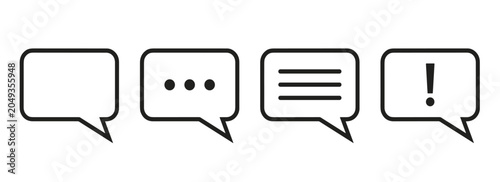 Speech bubble chat line icon set. Discussion dialogue boxes, typing dots indicator, text comment layout and alert message symbols.