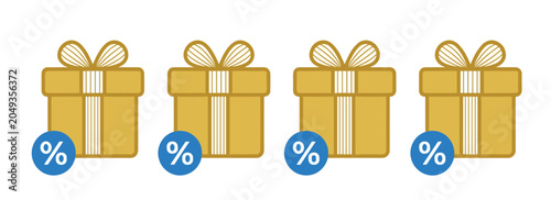 Gift box discount icon set. Golden surprise present package designs, striped ribbons, percentage badges, shopping bonus and sales promotions.