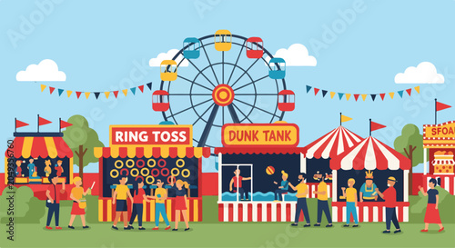 Tableau sur toile A vibrant cartoon illustration of a lively carnival scene