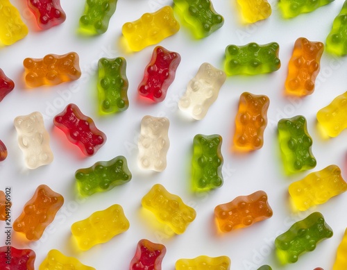 Colorful gummy bears candies scattered on white background