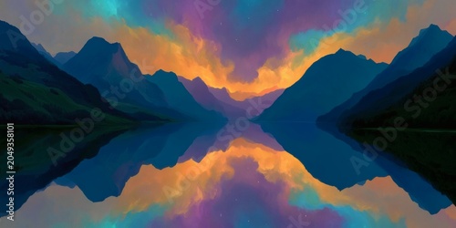 Dreamlike Cosmic Landscape Reflecting the Universe on Mirror Lake, Celestial Dreamscape Universe Panorama, Cosmic Reflection Art Background