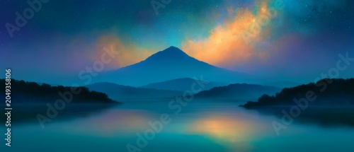 Dreamlike Cosmic Landscape Reflecting the Universe on Mirror Lake, Celestial Dreamscape Universe Panorama, Cosmic Reflection Art Background