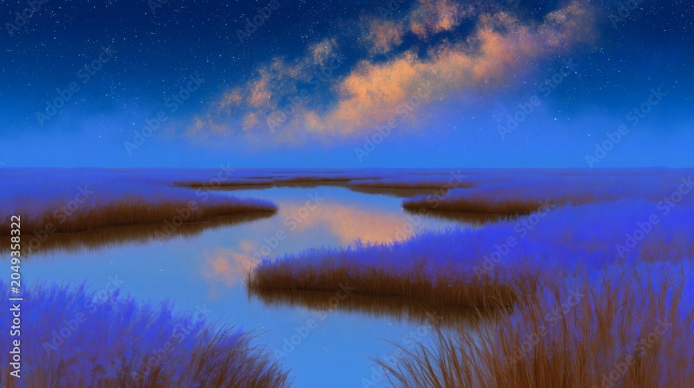 Fototapeta premium Dreamlike Cosmic Landscape Reflecting the Universe on Mirror Lake, Celestial Dreamscape Universe Panorama, Cosmic Reflection Art Background