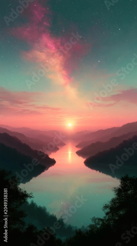 Dreamlike Cosmic Landscape Reflecting the Universe on Mirror Lake, Celestial Dreamscape Universe Panorama, Cosmic Reflection Art Background