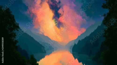 Dreamlike Cosmic Landscape Reflecting the Universe on Mirror Lake, Celestial Dreamscape Universe Panorama, Cosmic Reflection Art Background