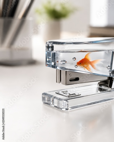 Conceptual Close-up of a Surreal Transparent Office Stapler Filled with Water and a Swimming Goldfish on a Clean Workspace