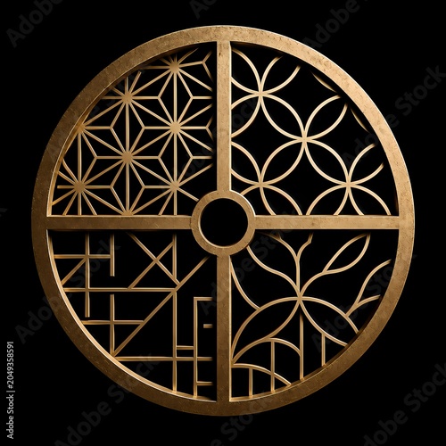 Luxury Japanese Kumiko Geometric Crest with Asanoha and Shippo Patterns on Black Background, Elegant Gold Ornament Design, Generative AI