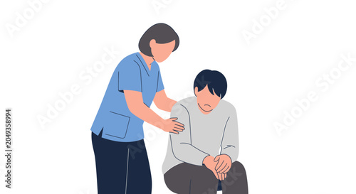 Nurse comforting sad man, mental health support, empathy, care, understanding, emotional help
