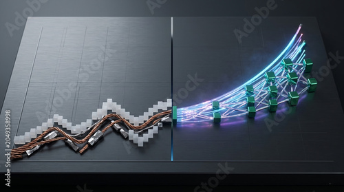 Conceptual 3D financial chart showing a traditional blocky line graph transforming into an advanced glowing AI neural network and fiber optic cables.