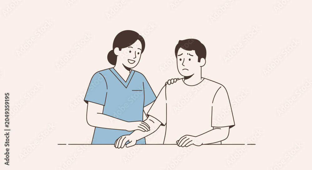 Fototapeta premium Nurse comforting worried patient, healthcare support, empathy, medical assistance, patient care