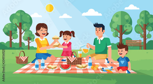 A family enjoys a picnic on a blanket