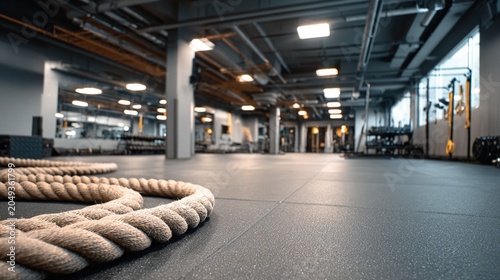 cardio. Fitness studio with battle ropes on rubber flooring, featuring soft overhead lighting and clean space. event key visuals, club posters, designed for fitness apps and gym onboarding.