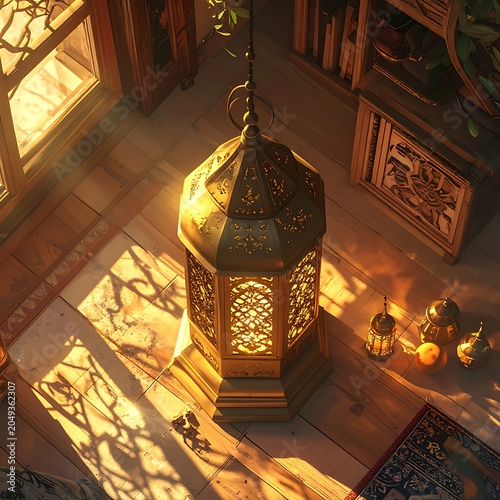 A warmly lit lantern on a wooden floor surrounded by soft shadows
