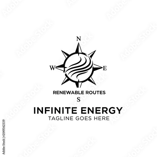 Clean logo design combining navigation with wind energy elements. Symbolizes sustainable global progress and ecological direction.