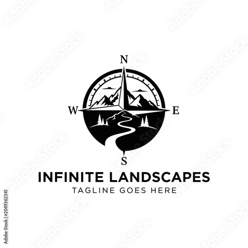 Versatile black and white logo combining a compass with a landscape of mountains and water, ideal for tour guides and explorers.