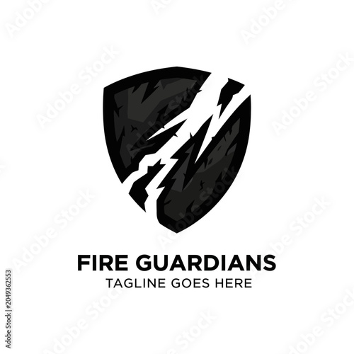 Powerful shield emblem featuring a lightning strike or crack pattern, ideal for protective gear brands, security companies, or high-energy sports teams.