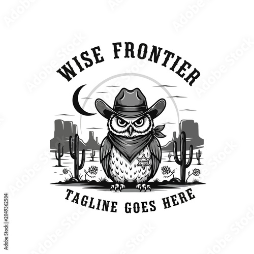 Fun and detailed western-themed logo featuring a wise owl wearing a hat and bandana in the wild west frontier, perfect for themed brands.