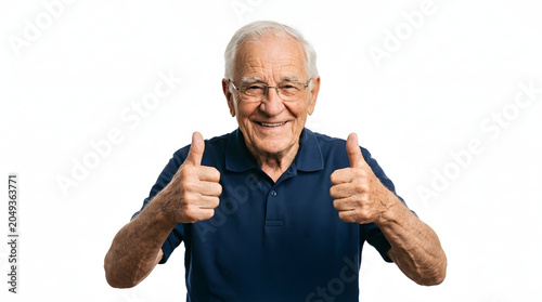 Happy elderly man with glasses giving two thumbs up and smiling warmly, showing approval and positivity PNG Isolated on transparent background