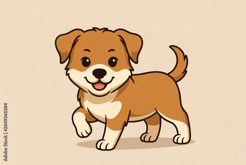 Fototapeta premium Adorable cartoon illustration of a happy brown puppy walking and smiling on a simple warm background.