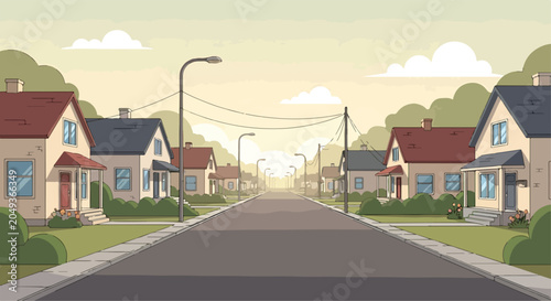 Cuadro en lienzo A serene suburban street scene with houses and streetlights