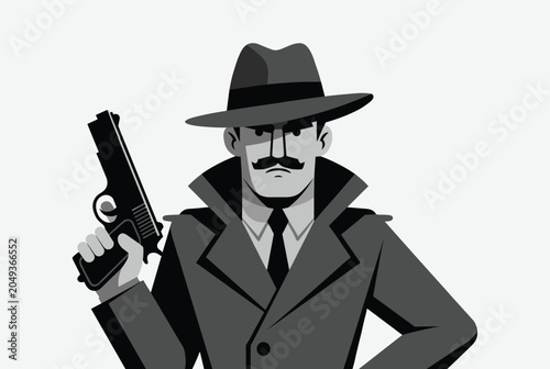 Classic noir style detective character wearing a trench coat and fedora hat while aiming a handgun in a dramatic pose.