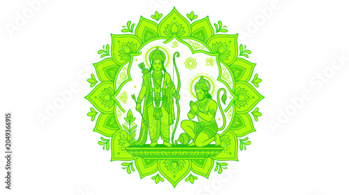 Fényképezés Lord Rama and Hanuman devotional illustration in green mandala design