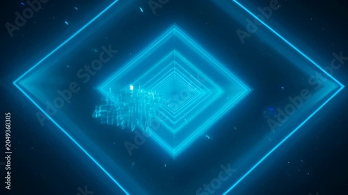 Digital abstract background with glowing neon geometric tunnel, futuristic technology blue dark space, luminous line and particle light, layered diamond shape motion blur search SEO friendly