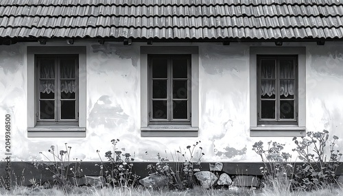 A weathered white house with three windows and a tiled roof