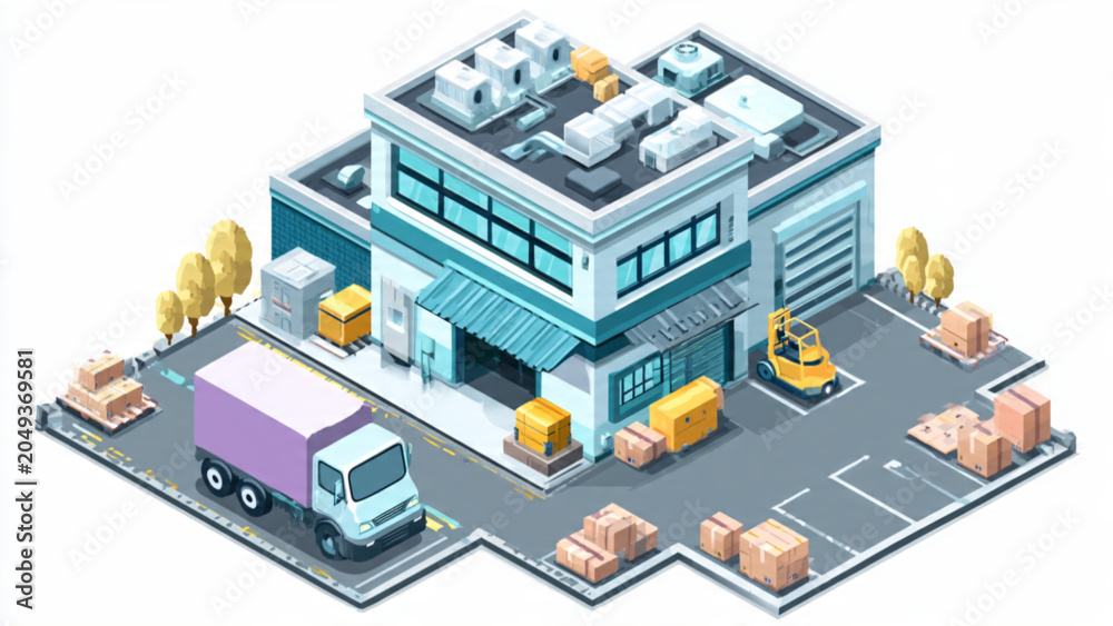 Fototapeta premium Modern Commercial Building with Loading Dock and Parking Area.