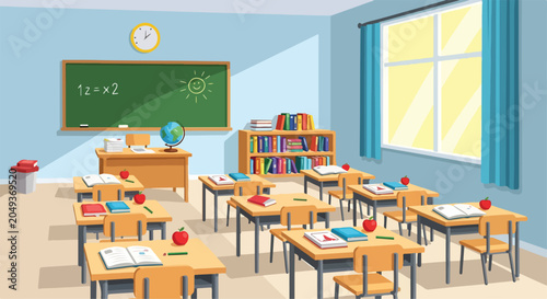 Bild auf Leinwand A classroom with desks and a chalkboard