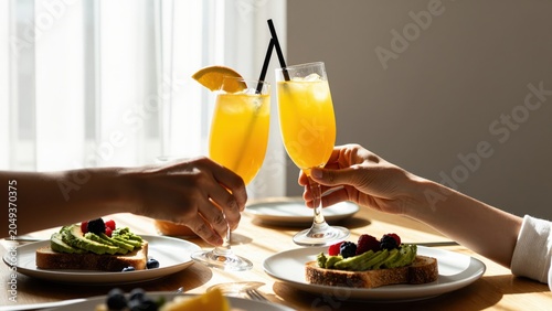 Sunrise Mimosa Toast: Two hands clink glasses filled with vibrant orange mimosas, garnished with orange slices and accompanied by avocado toast and berries, celebrating a bright morning.