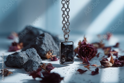 Mysterious Pendant Adorned: An elegant rectangular pendant with a dark, captivating stone hangs from a delicate silver chain, nestled amongst rough gray rocks and dried floral petals.