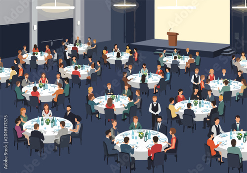 A large group of people dining at round tables in a banquet hall