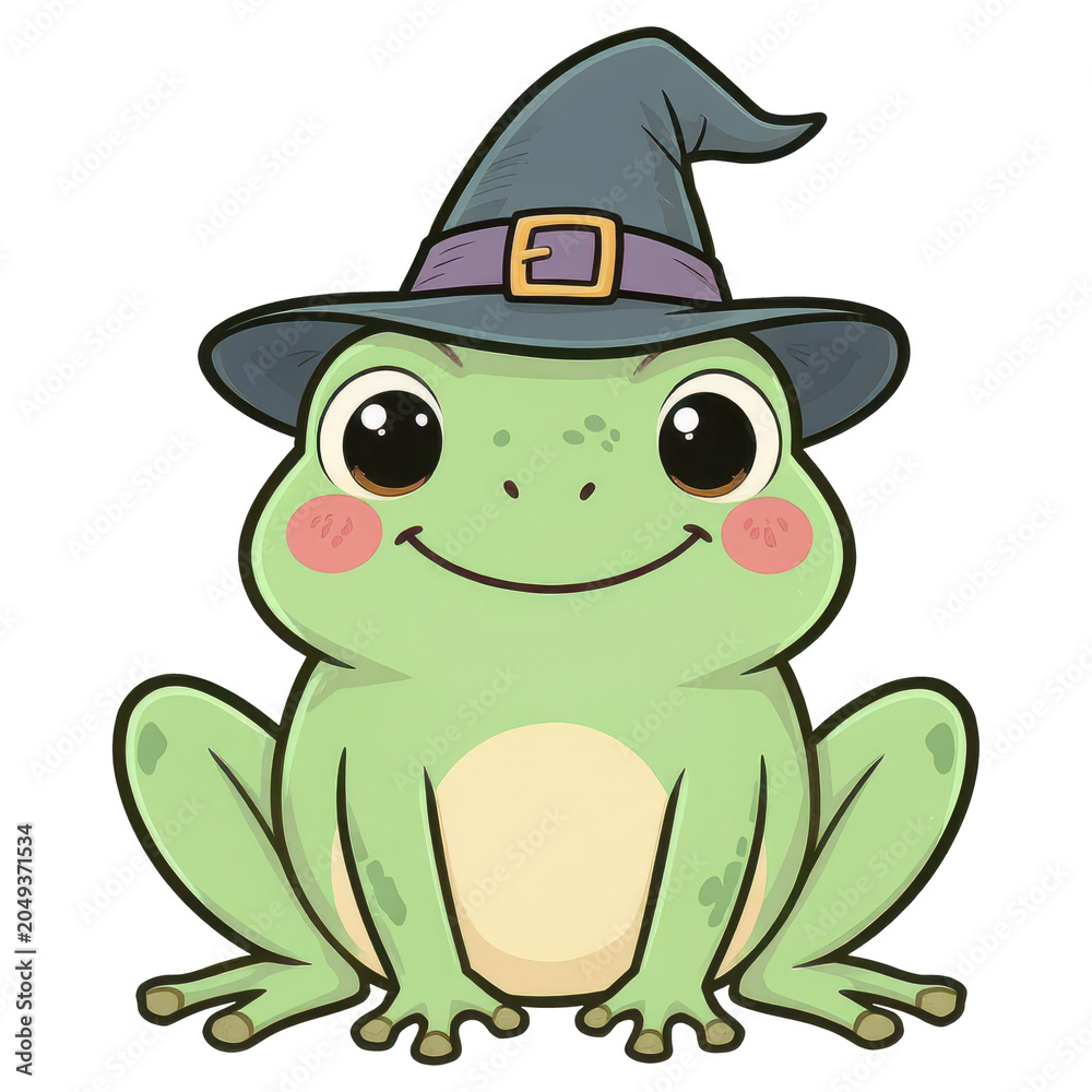 Fototapeta premium Cute Frog Witch: A whimsical illustration of a charming green frog adorned with a pointy witch hat, exuding a playful and friendly aura perfect for Halloween or fantasy themes.