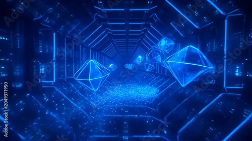 Digital abstract background of blue geometric tunnel with glowing light and futuristic particle field, blue neon light in futuristic tunnel and glowing geometric form, high tech corridor perspective