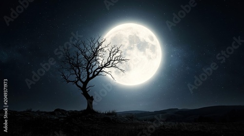 A large, luminous full moon dominates the dark night sky, casting a bright glow over a silhouette of a solitary tree. The tree stands on a hill, its bare branches reaching upwards towards the moon.
