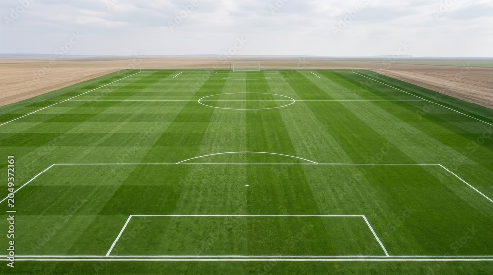 Obraz premium A wide-angle aerial shot captures a vibrant green soccer field stretching across a vast, flat landscape.