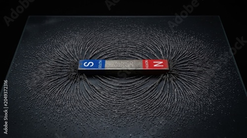 A black square surface displays a circular pattern of magnetic field lines emanating from an Alnico magnet. The magnet itself, labeled 'South' and 'North', is positioned centrally.