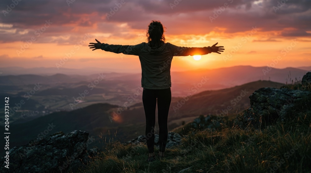Fototapeta premium A silhouetted person stands on a rocky hilltop, arms outstretched towards a vibrant sunset. The individual faces the rising sun, seemingly embracing the expansive landscape before them.