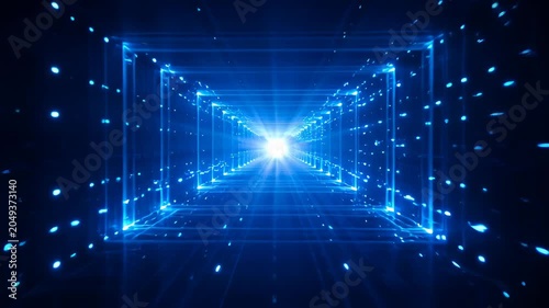 Digital Abstract Background with Futuristic Blue Neon Tunnel, Glowing Light Depth Perspective, Dark Space and Particle Motion Energy