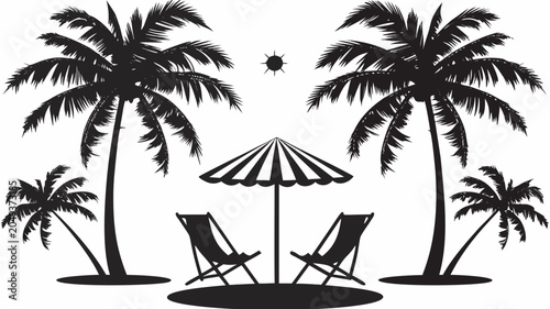 Tropical beach scene with palm trees, lounge chairs and umbrella vector graphic illustration on transparent background.