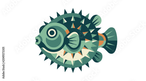 фотографія Green Pufferfish Cartoon Illustration Closeup.