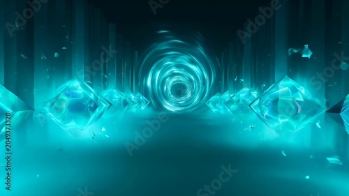 Abstract digital background with glowing cyan tunnel, crystal light, futuristic geometric depth in dark corridor and blue atmosphere