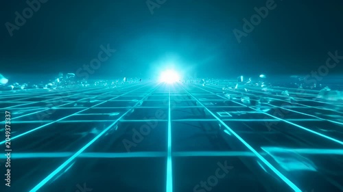 Digital abstract background with glowing blue grid, bright light, futuristic cyan horizon perspective, cyber space neon technology scene, abstract digital background