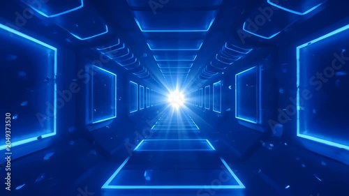 Digital tunnel blue light glowing panel futuristic corridor abstract background perspective view, digital abstract background blue neon tunnel perspective futuristic corridor glowing light pattern
